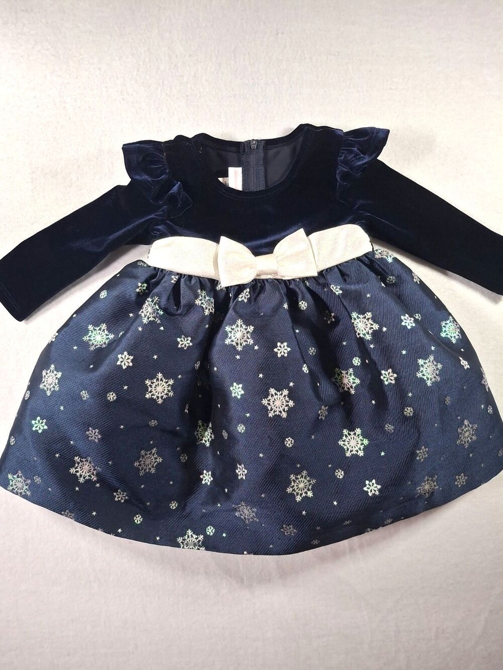 Bonnie Baby 12M Velvet Snowflake Christmas Dress Navy Holiday Princess Asthetic